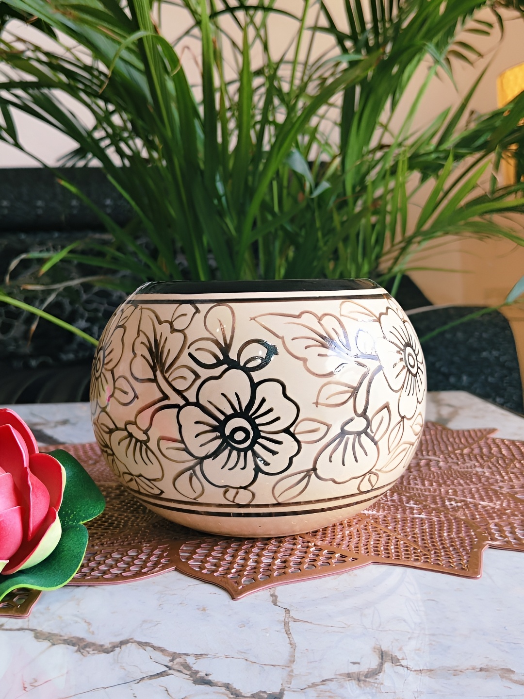 

NIYARA Cream & Black Floral Printed Ceramic Planter