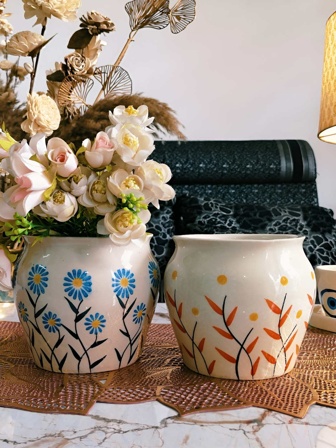 

NIYARA Cream & Red 2 Pieces Floral Designed Ceramic Planters