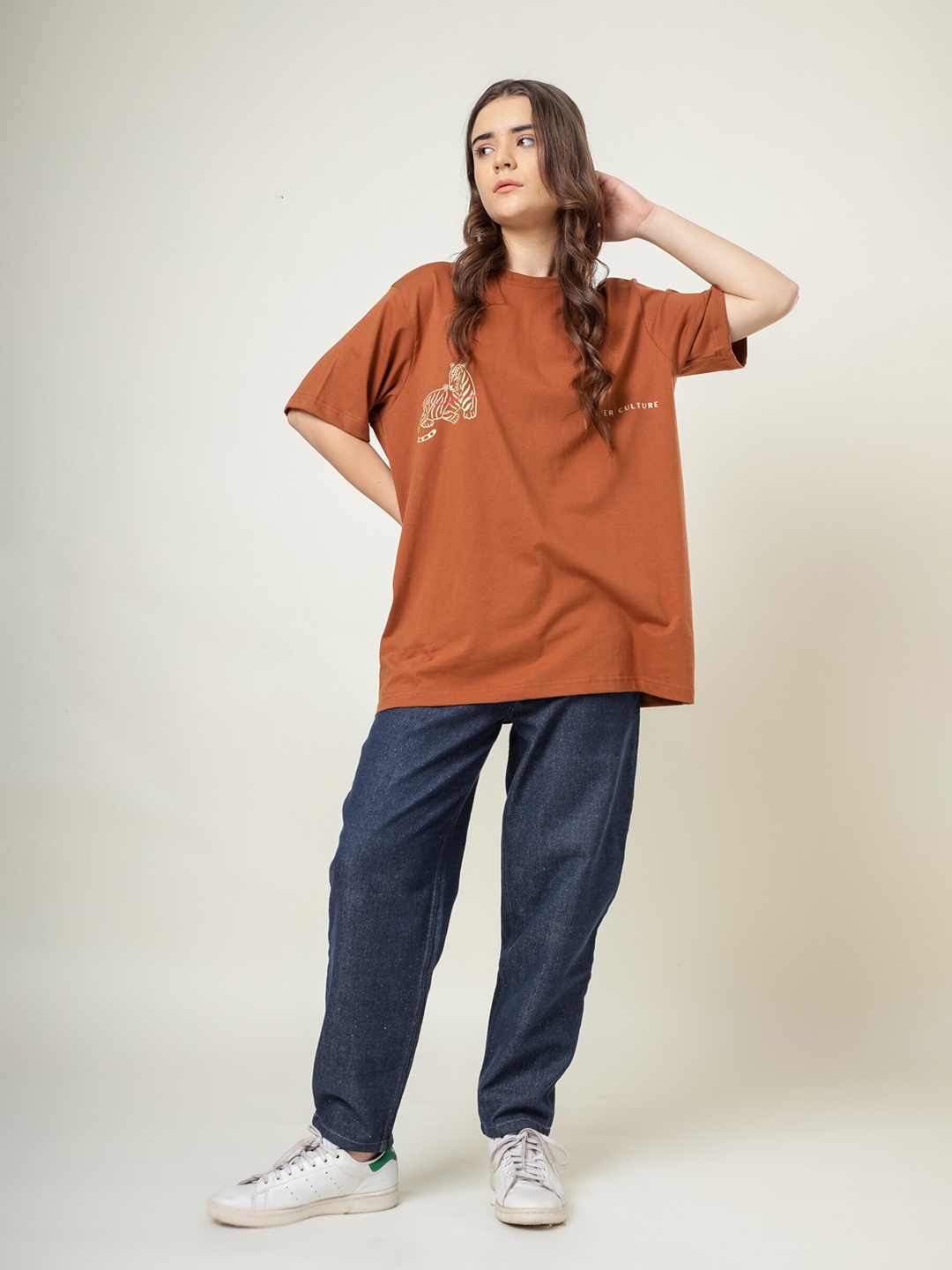 

Doodlage Unisex Drop-Shoulder Sleeves Typography Print Organic Cotton Oversized T-shirt, Rust