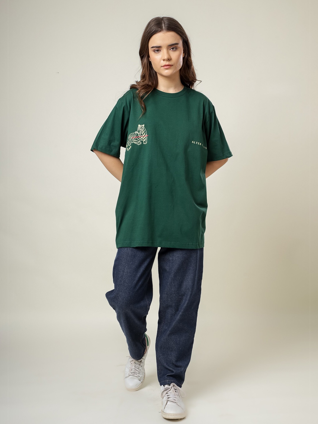 

Doodlage Unisex Drop-Shoulder Sleeves Typography Printed Organic Cotton Oversized T-shirt, Green
