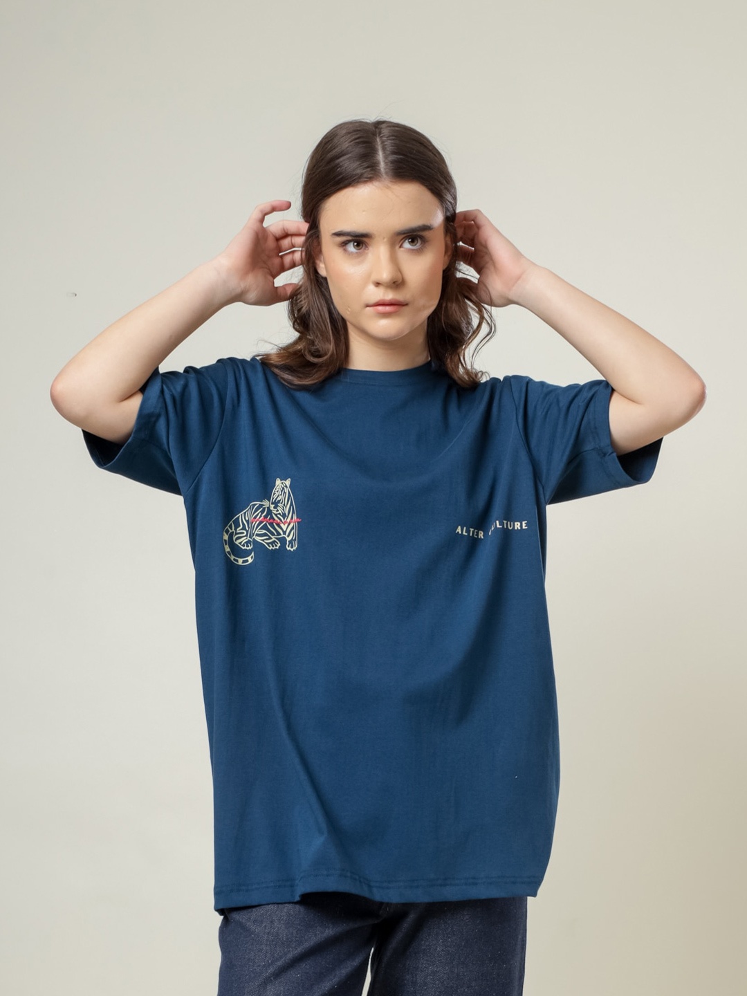 

Doodlage Unisex Dro-Shoulder Sleeves Typography Printed Organic Cotton Oversized T-shirt, Blue