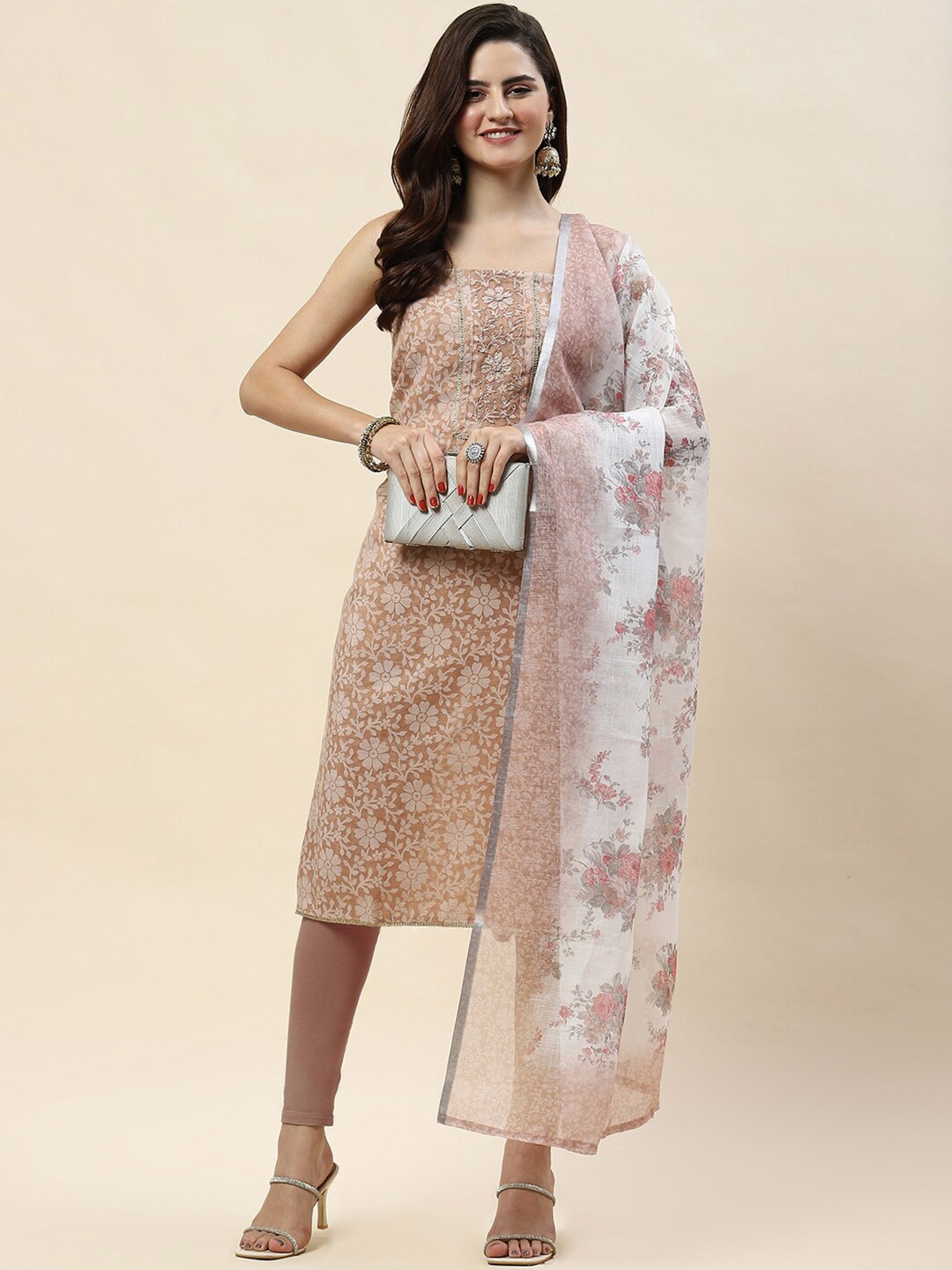 

Meena Bazaar Floral Printed Unstitched Dress Material, Peach