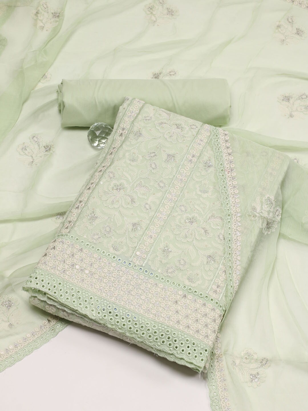 

Meena Bazaar Ethnic Motifs Embroidered Unstitched Dress Material, Green