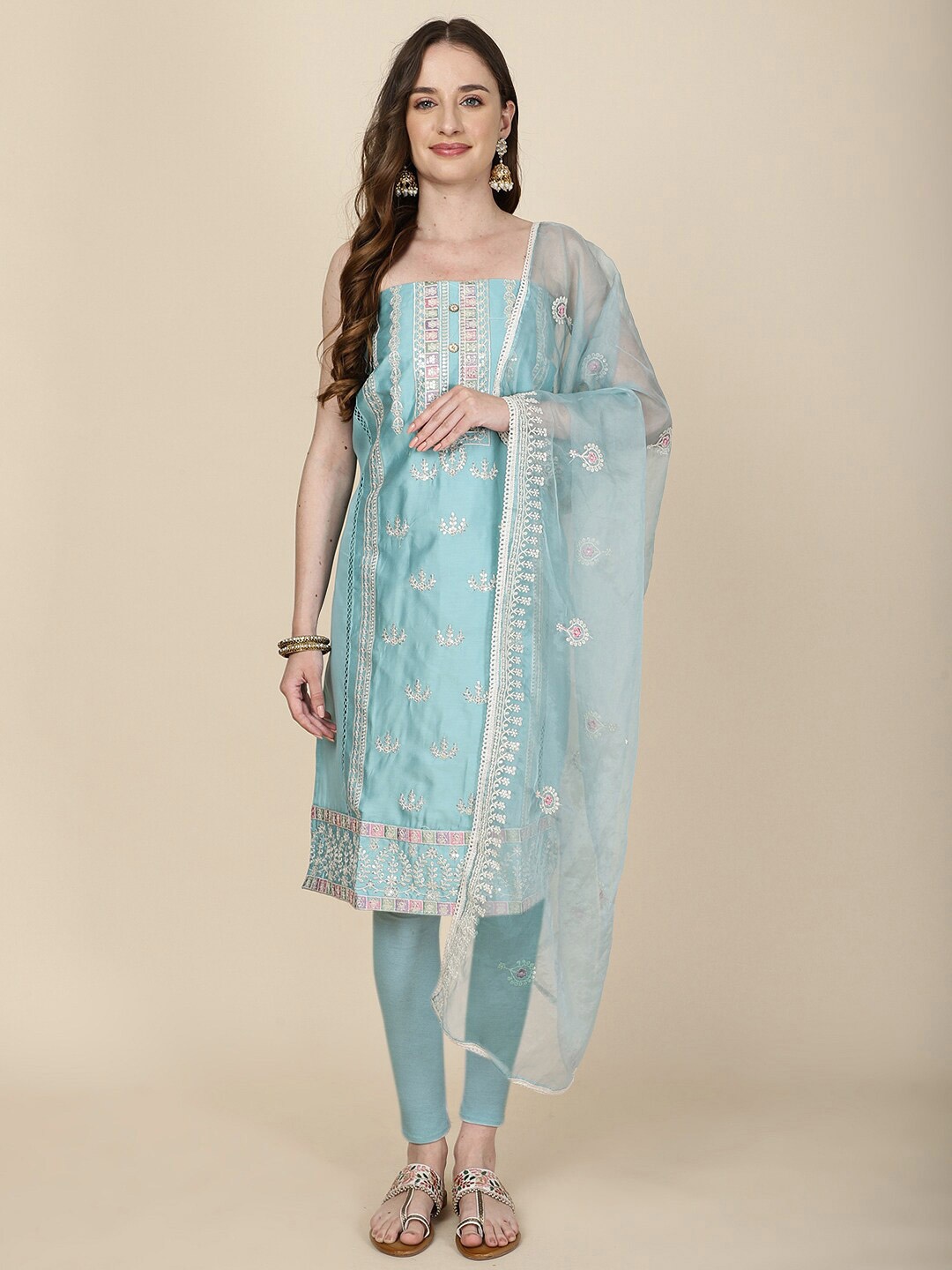 

Meena Bazaar Embroidered Art Silk Unstitched Dress Material, Blue