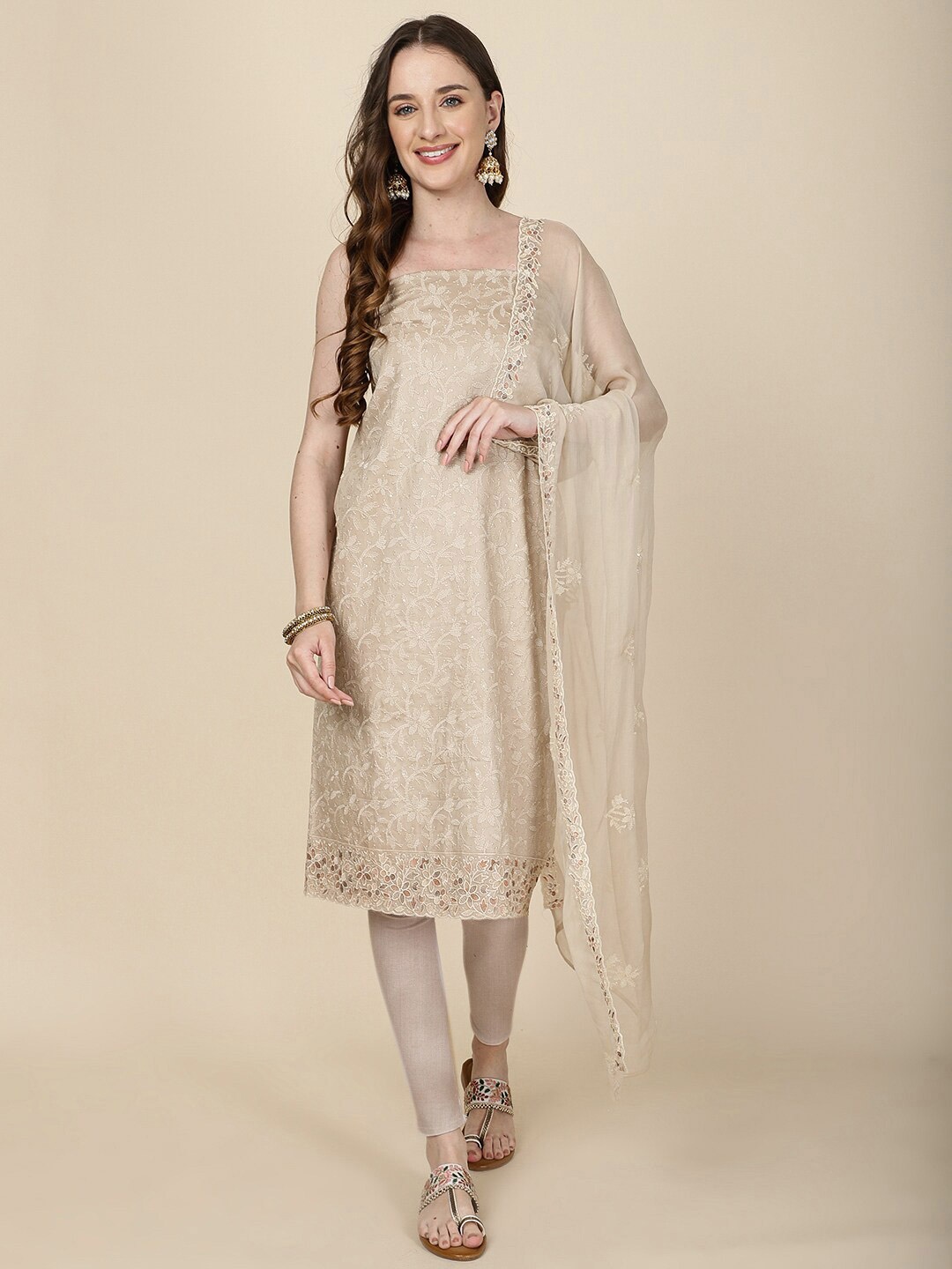 

Meena Bazaar Embroidered Unstitched Dress Material, Beige