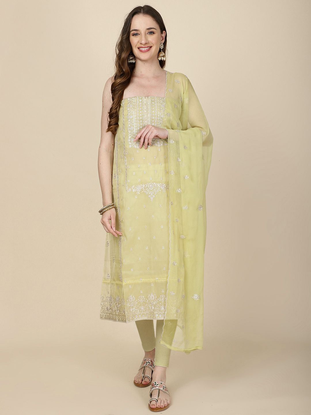 

Meena Bazaar Floral Embroidered Organza Unstitched Dress Material, Yellow