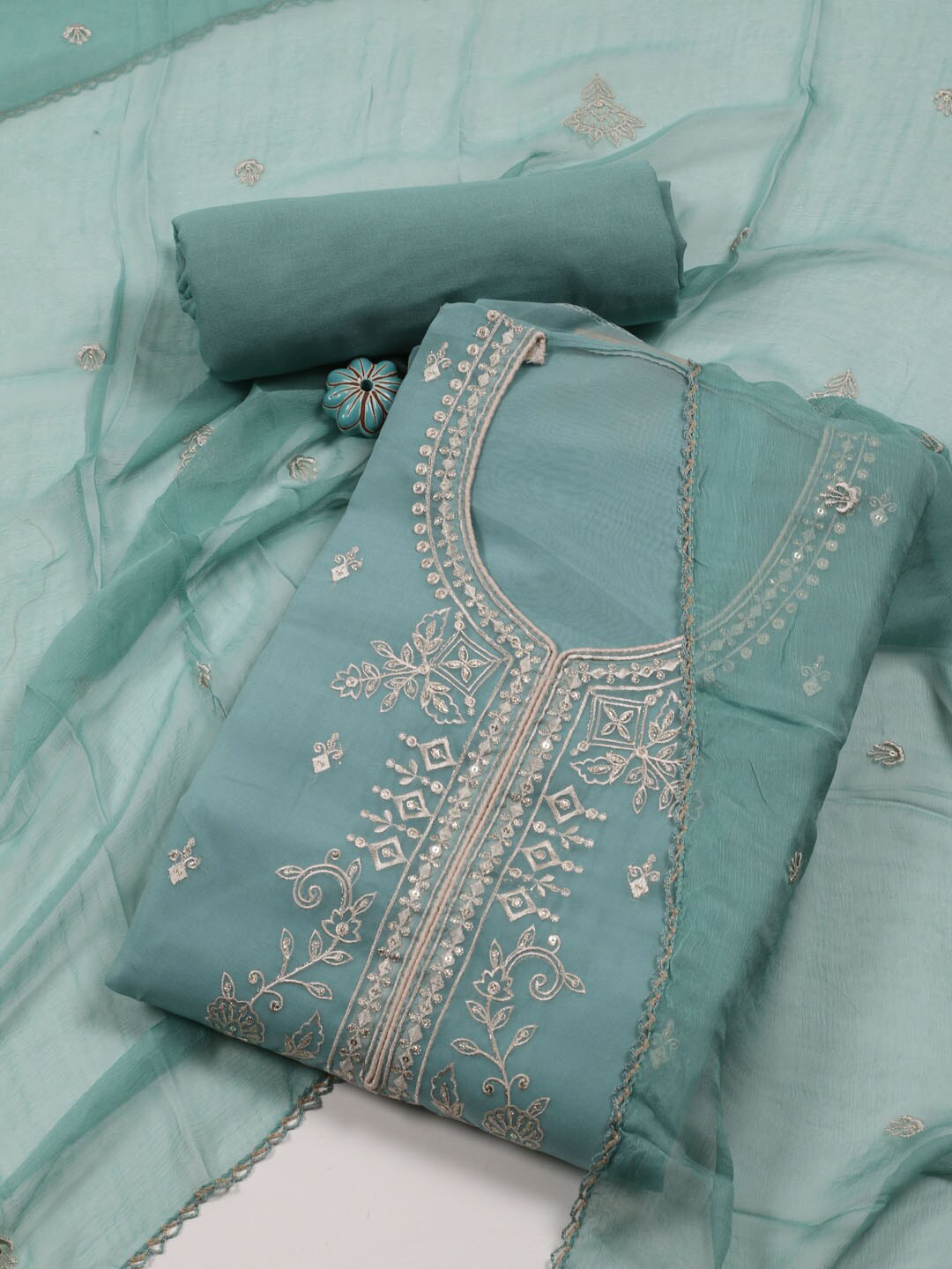 

Meena Bazaar Embroidered Organza Unstitched Dress Material, Blue