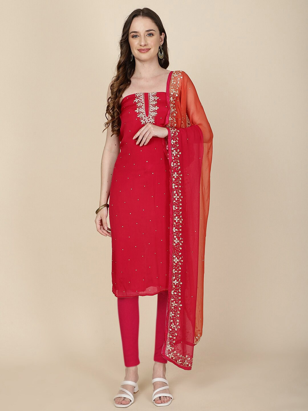

Meena Bazaar Embellished Art Silk Unstitched Dress Material, Pink