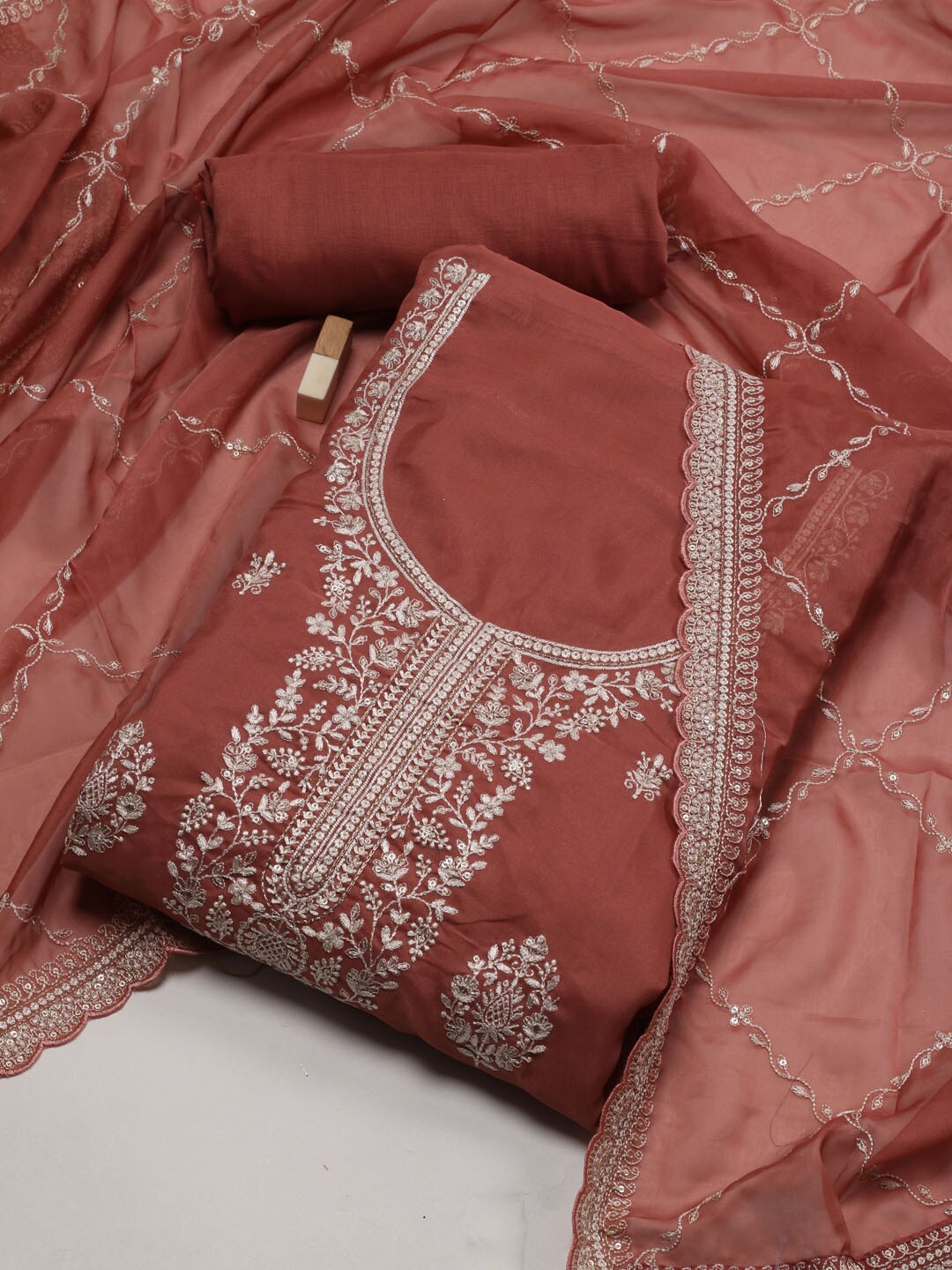 

Meena Bazaar Floral Embroidered Art Silk Unstitched Dress Material, Peach