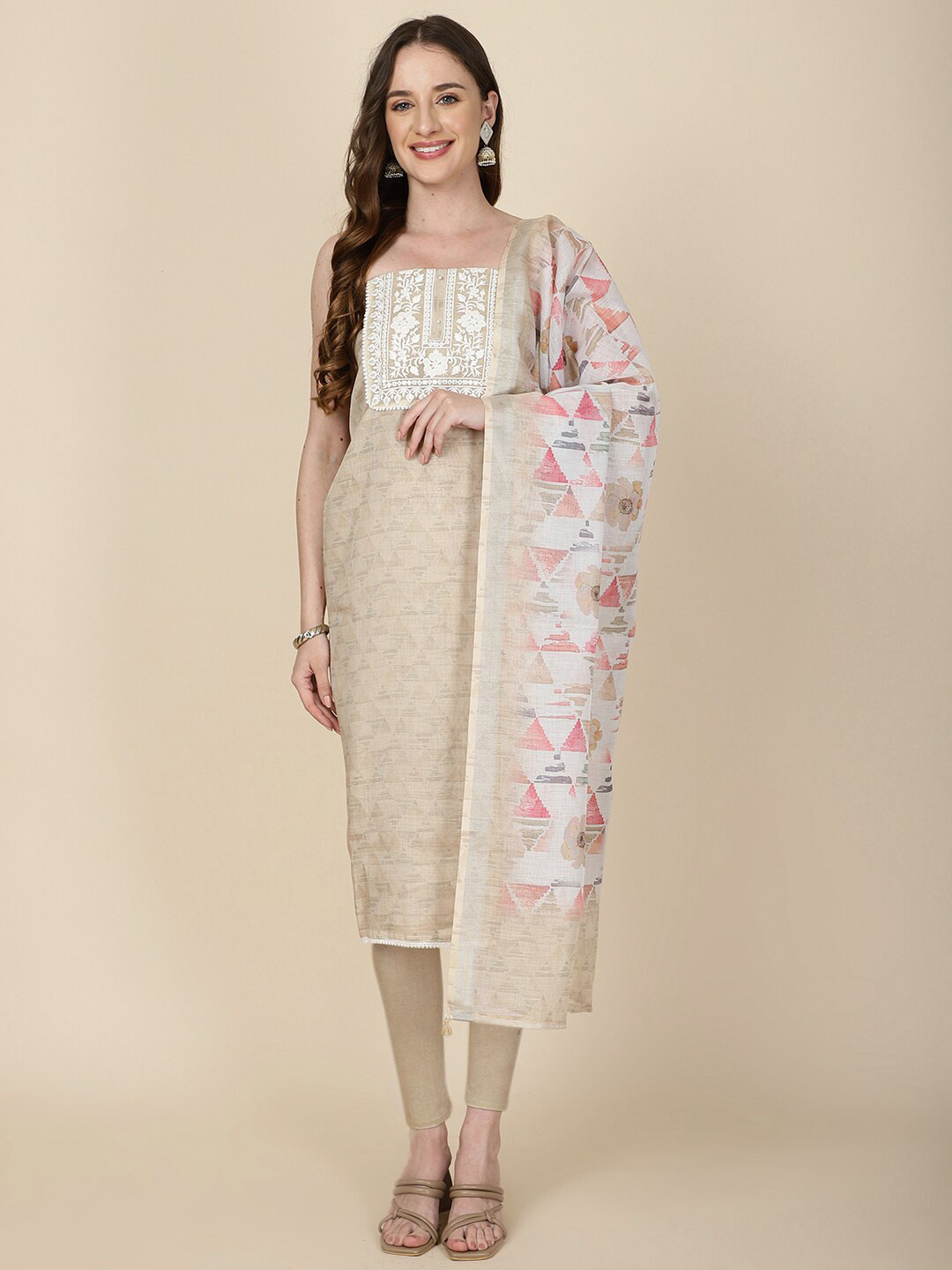 

Meena Bazaar Floral Printed Art Silk Unstitched Dress Material, Beige