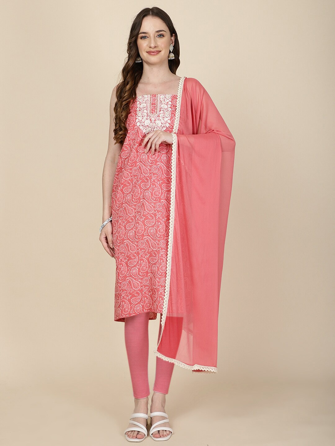 

Meena Bazaar Printed Unstitched Dress Material, Coral
