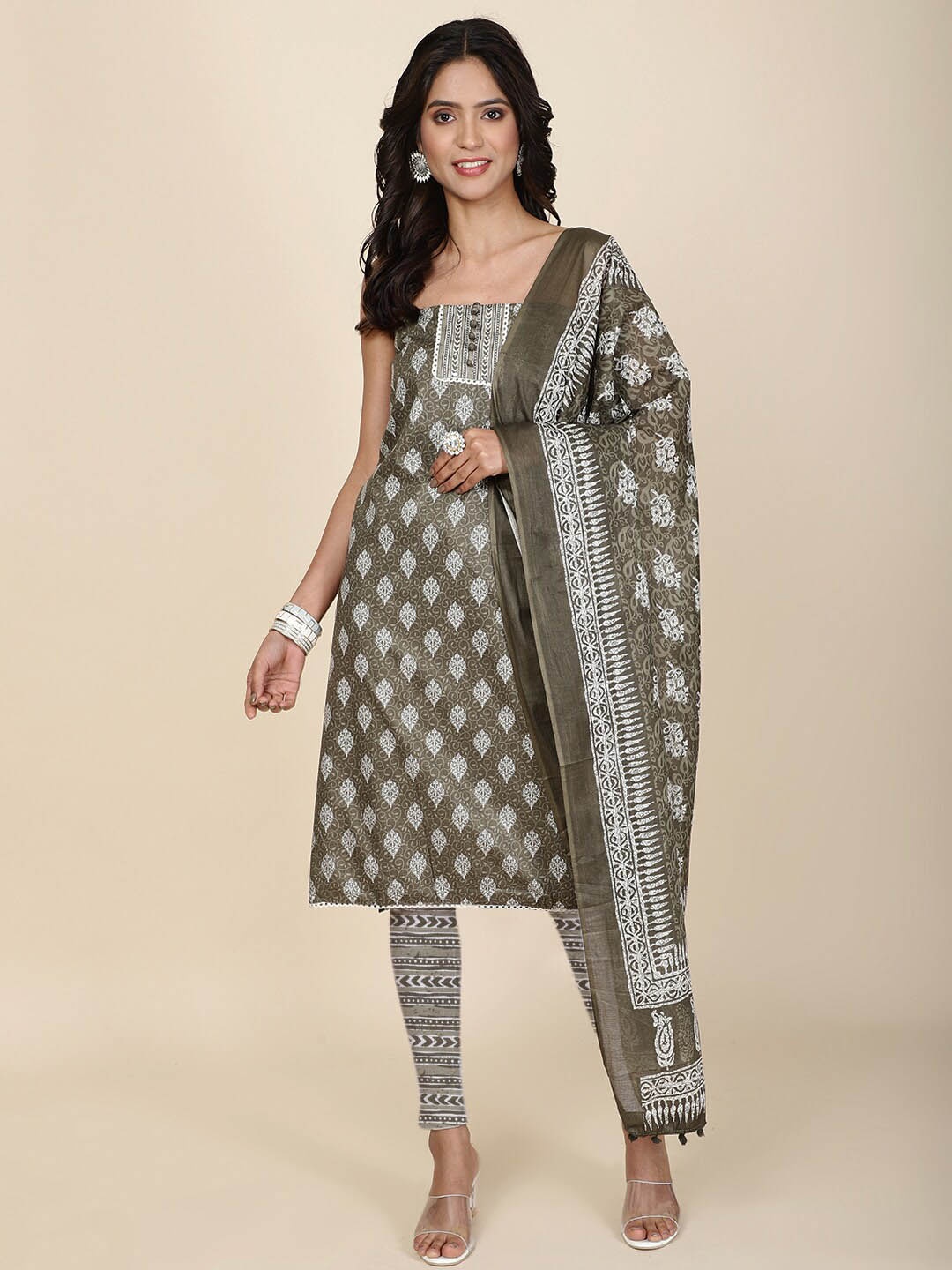 

Meena Bazaar Printed Unstitched Dress Material, Sea green