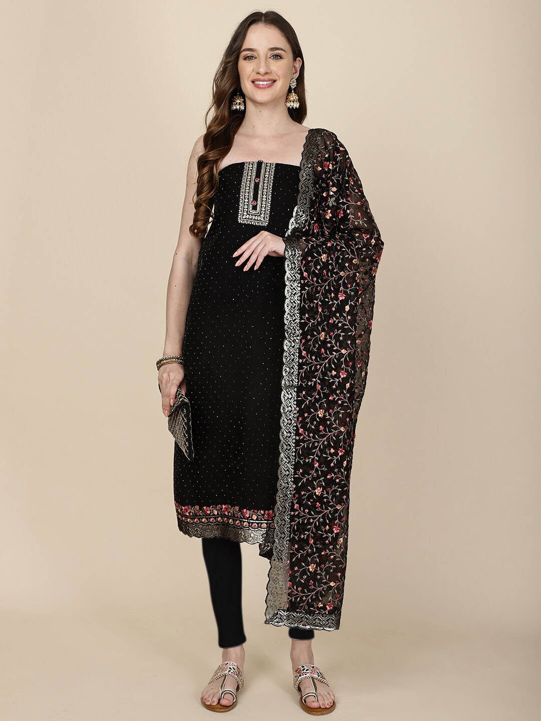 

Meena Bazaar Embellished Organza Unstitched Dress Material, Black