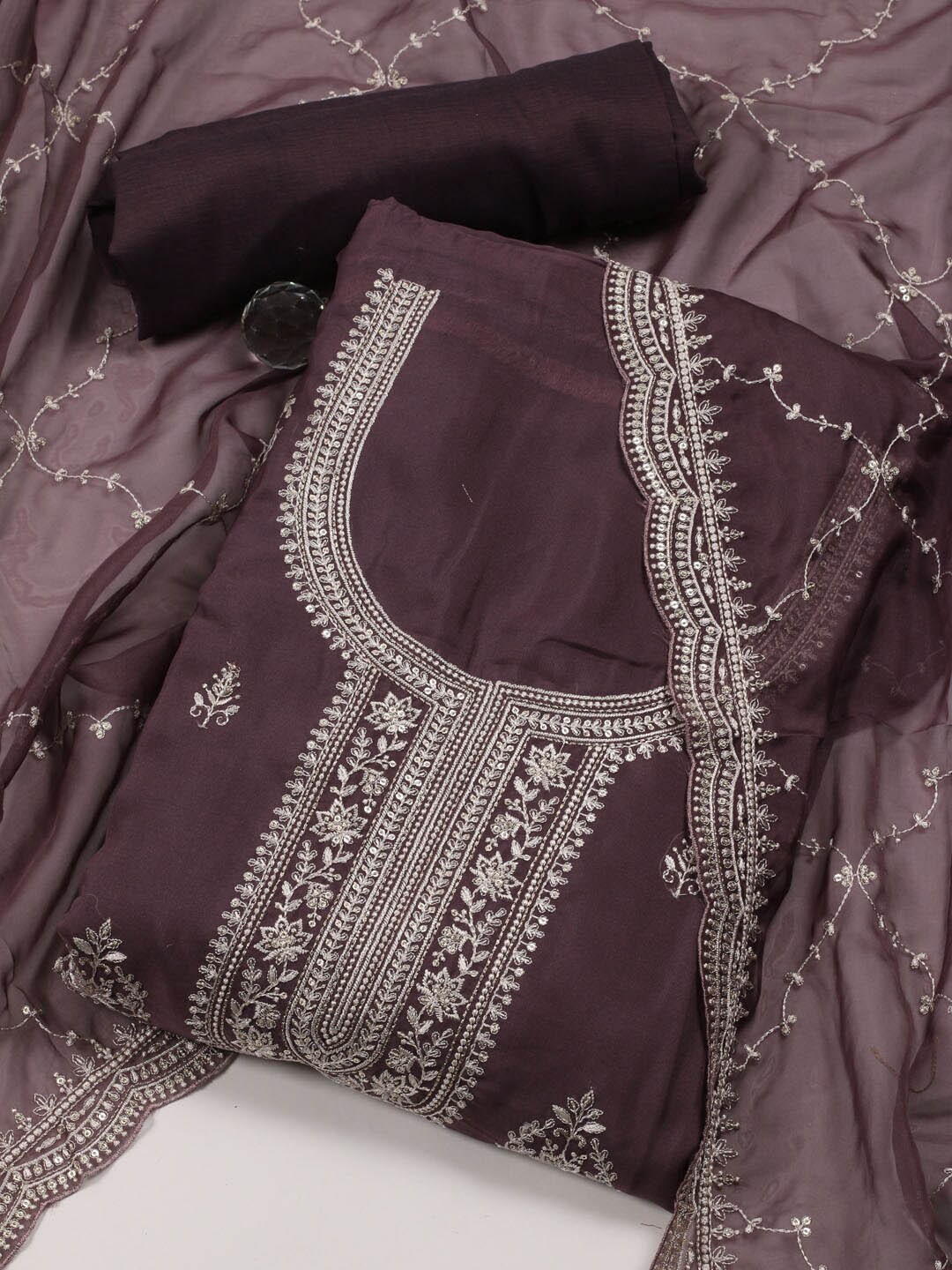 

Meena Bazaar Floral Embroidered Unstitched Dress Material, Purple