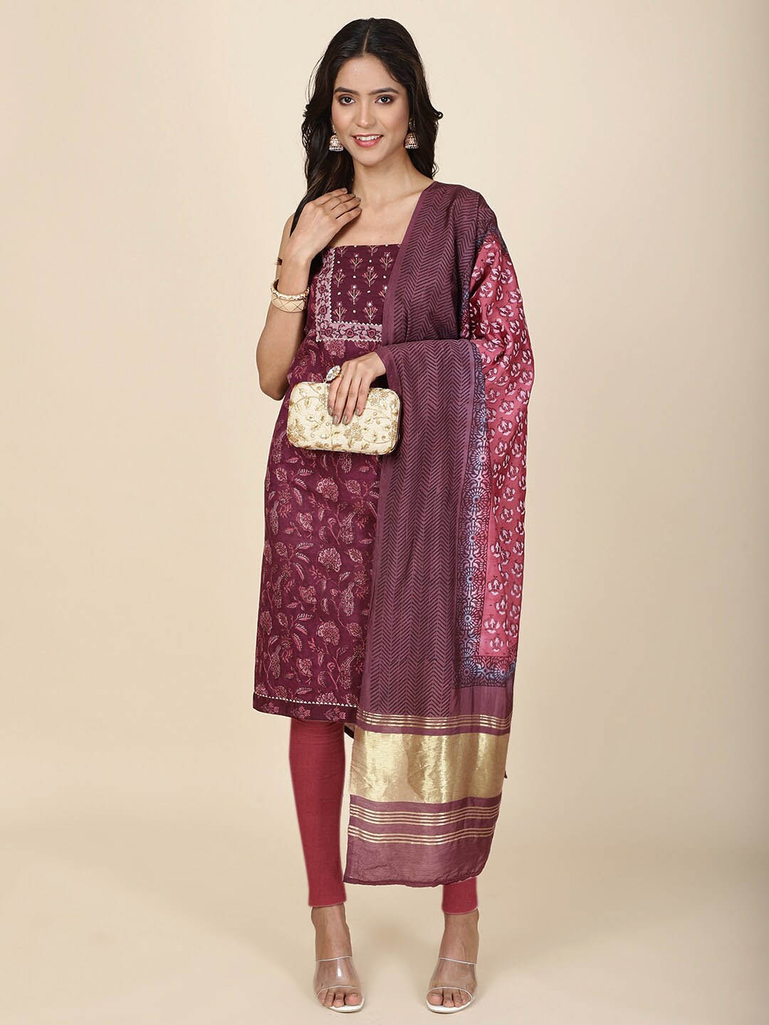 

Meena Bazaar Floral Printed Mirror Work Unstitched Dress Material, Purple