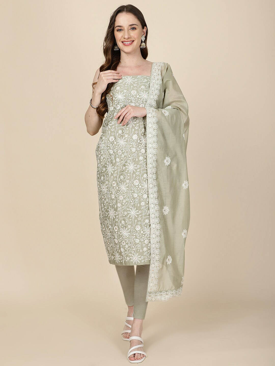 

Meena Bazaar Embroidered Art Silk Unstitched Dress Material, Green
