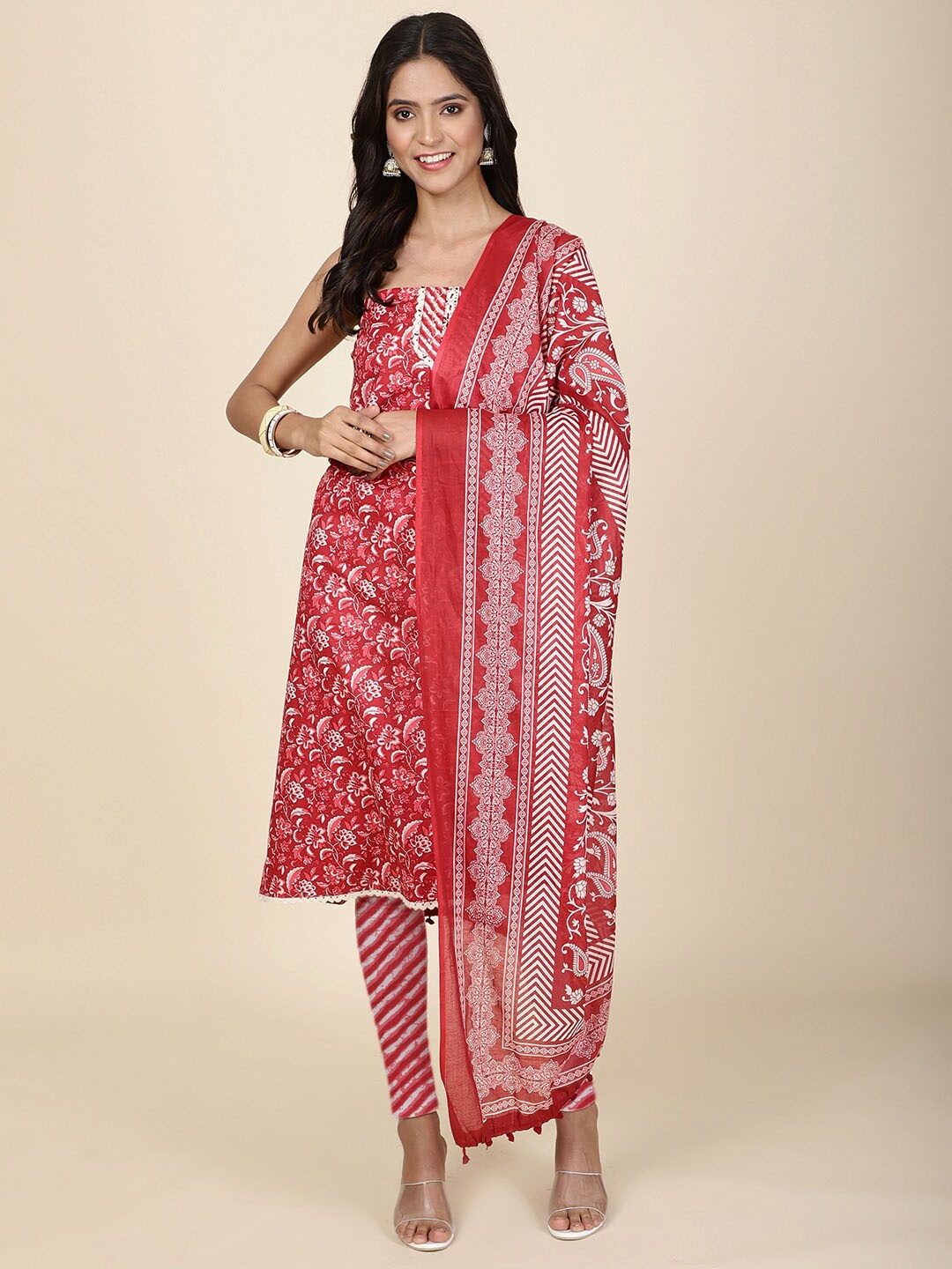 

Meena Bazaar Floral Printed Unstitched Dress Material, Pink