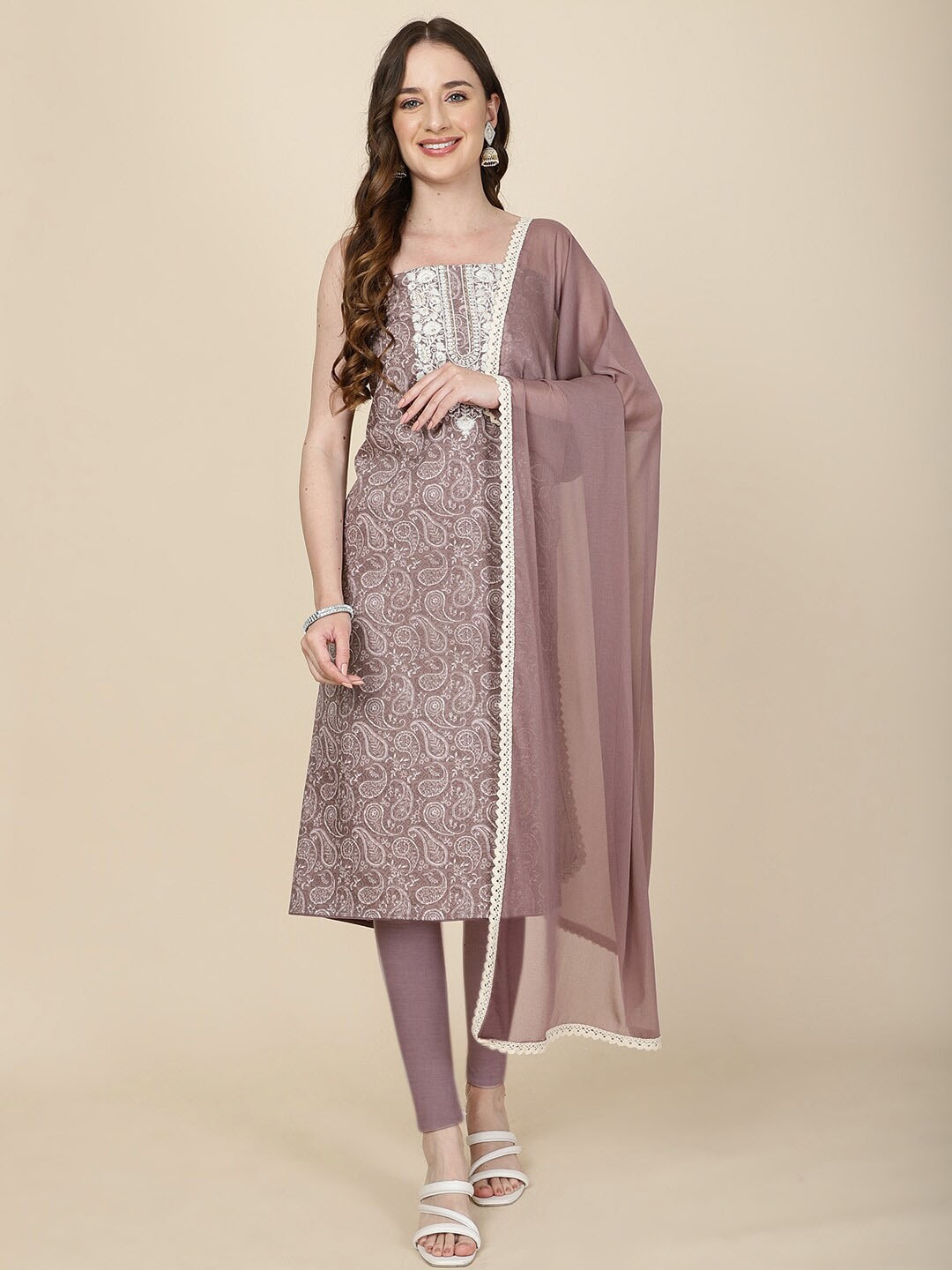 

Meena Bazaar Paisley Printed Sequinned Unstitched Dress Material, Brown