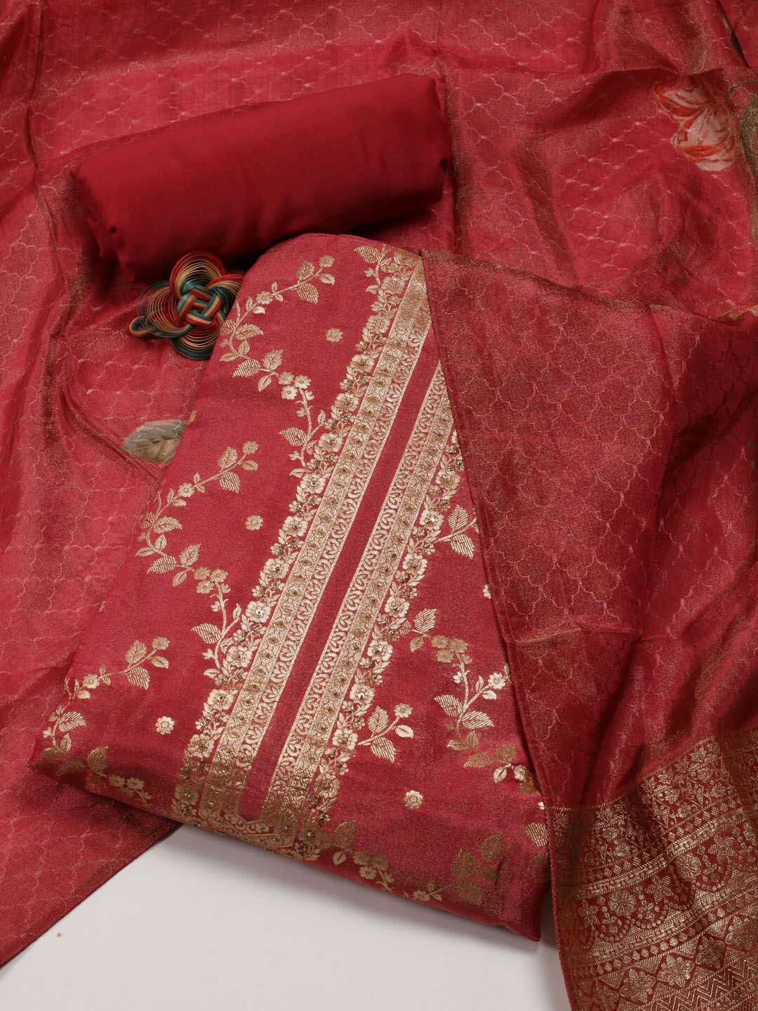 

Meena Bazaar Floral Woven Design Unstitched Dress Material, Rust