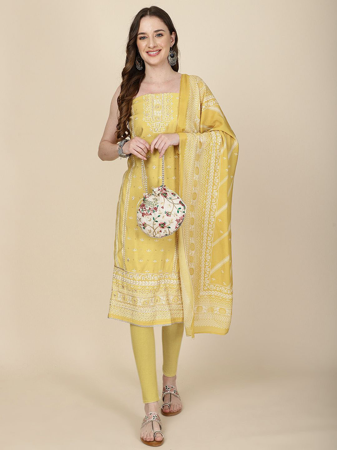 

Meena Bazaar Embellished Art Silk Unstitched Dress Material, Yellow
