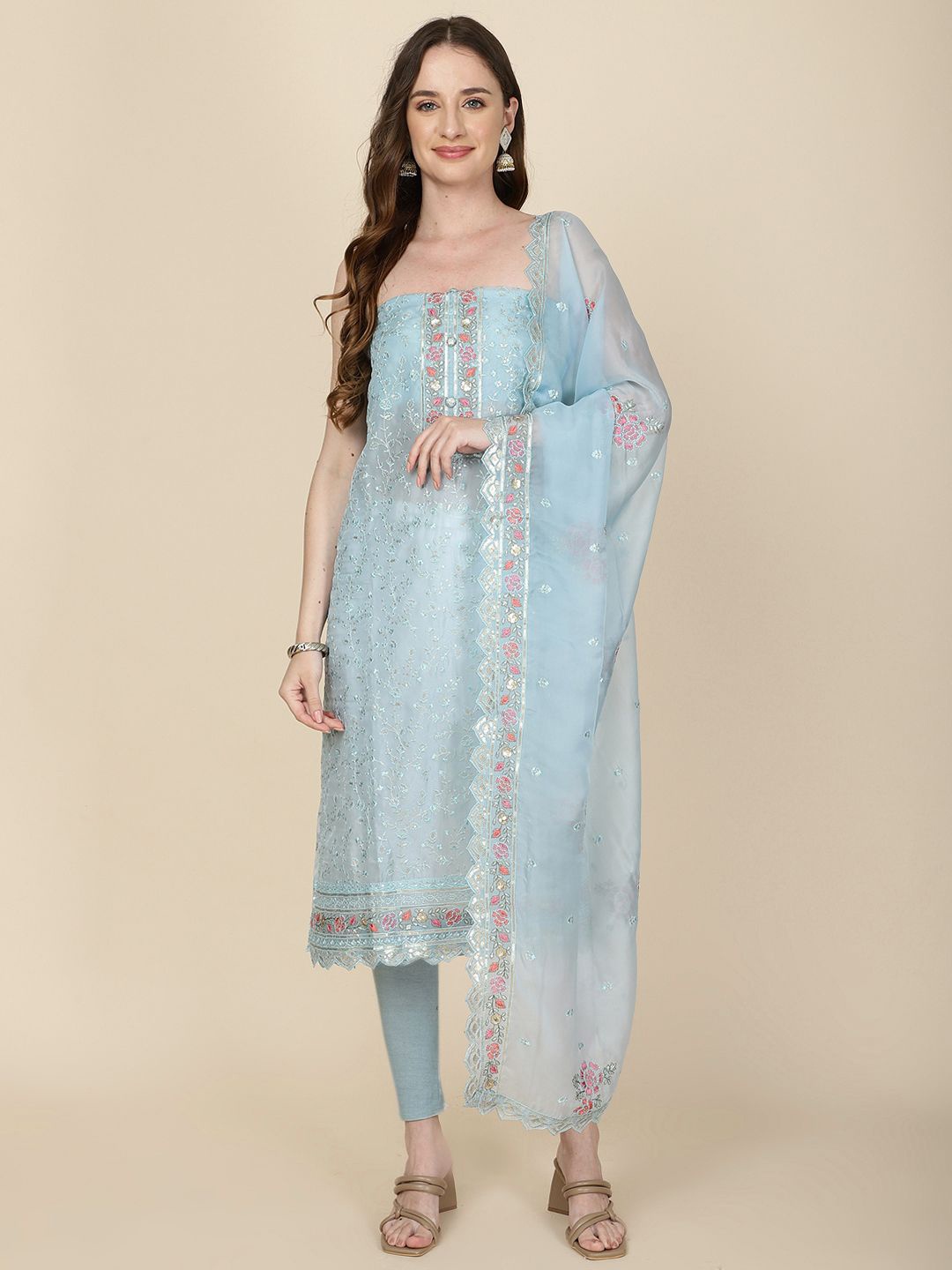 

Meena Bazaar Embroidered Organza Unstitched Dress Material, Blue