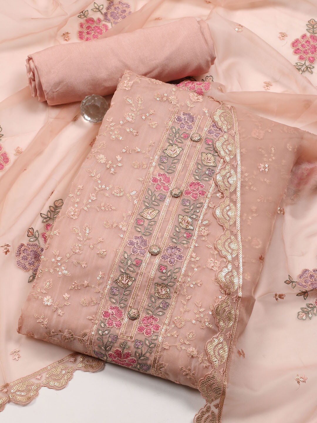 

Meena Bazaar Embroidered Organza Unstitched Dress Material, Peach