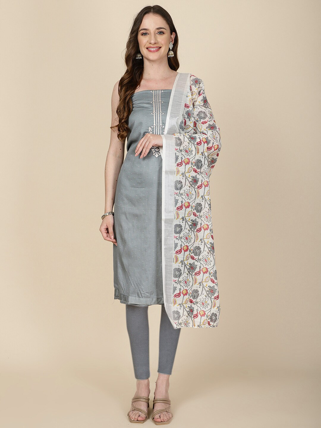 

Meena Bazaar Floral Printed Unstitched Dress Material, Grey