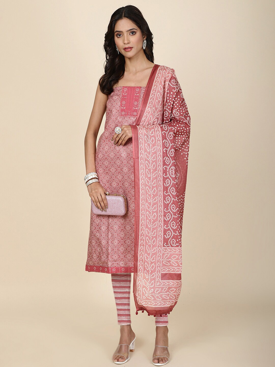 

Meena Bazaar Floral Printed Unstitched Dress Material, Pink