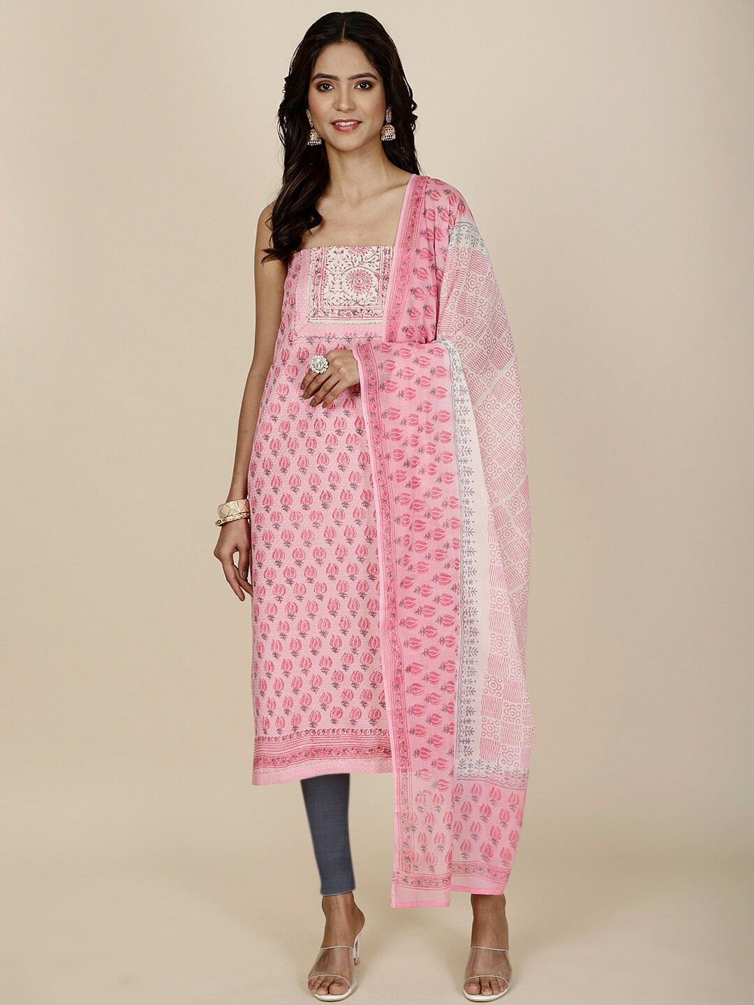 

Meena Bazaar Floral Printed Unstitched Dress Material, Pink