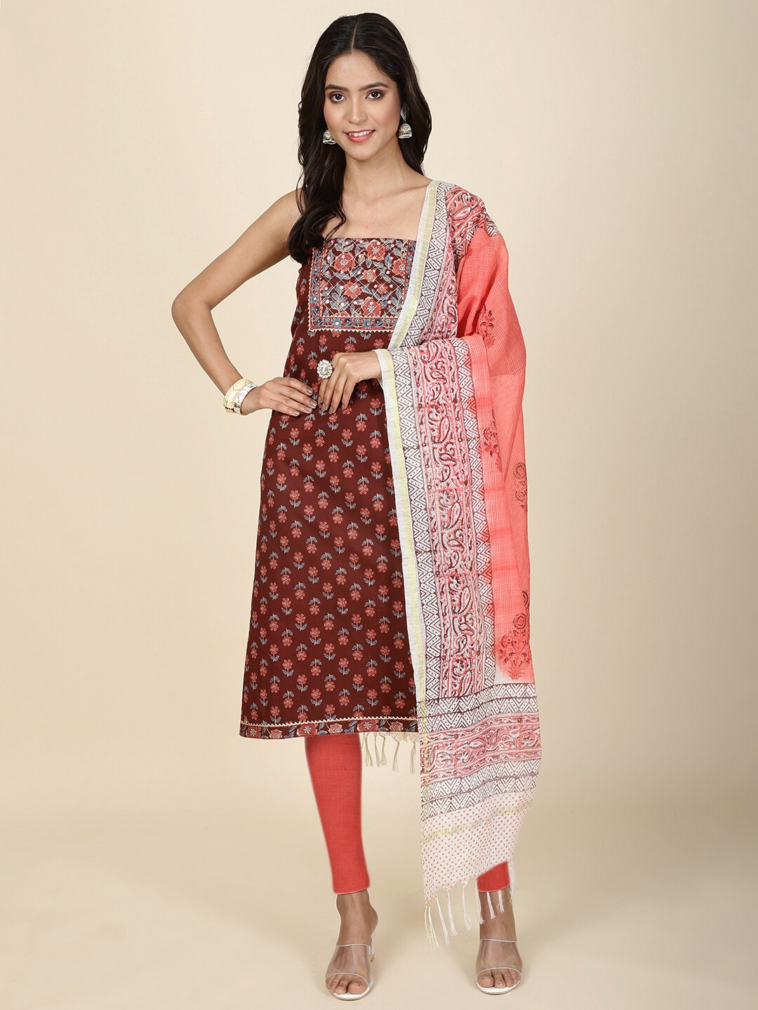 

Meena Bazaar Printed Unstitched Dress Material, Maroon