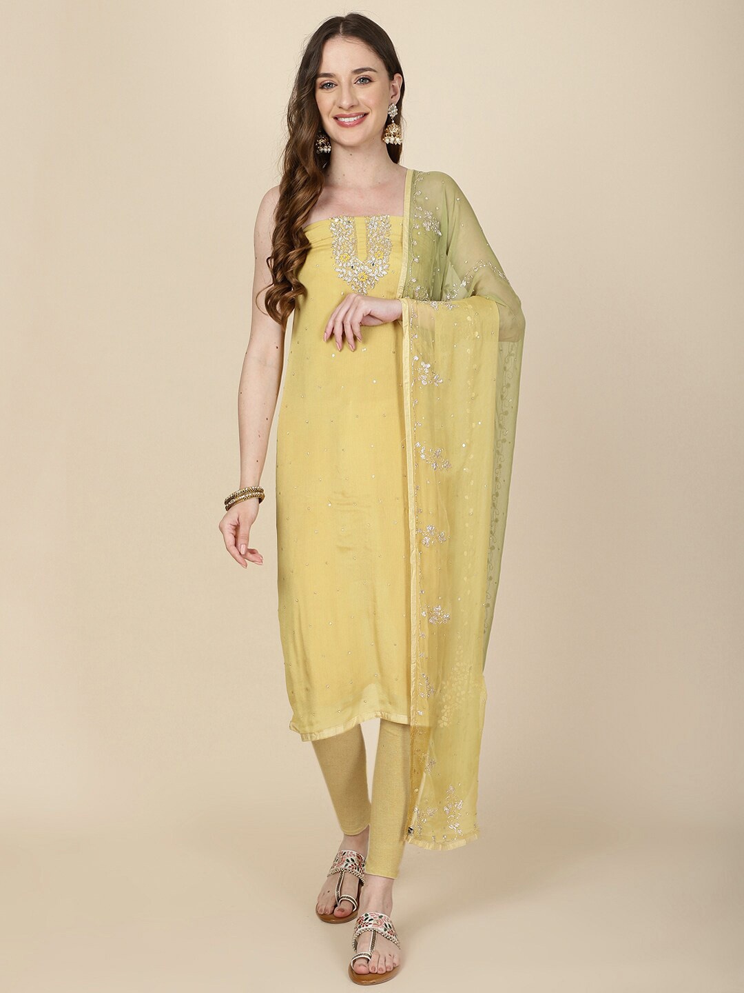 

Meena Bazaar Floral Embellished Art Silk Unstitched Dress Material, Yellow