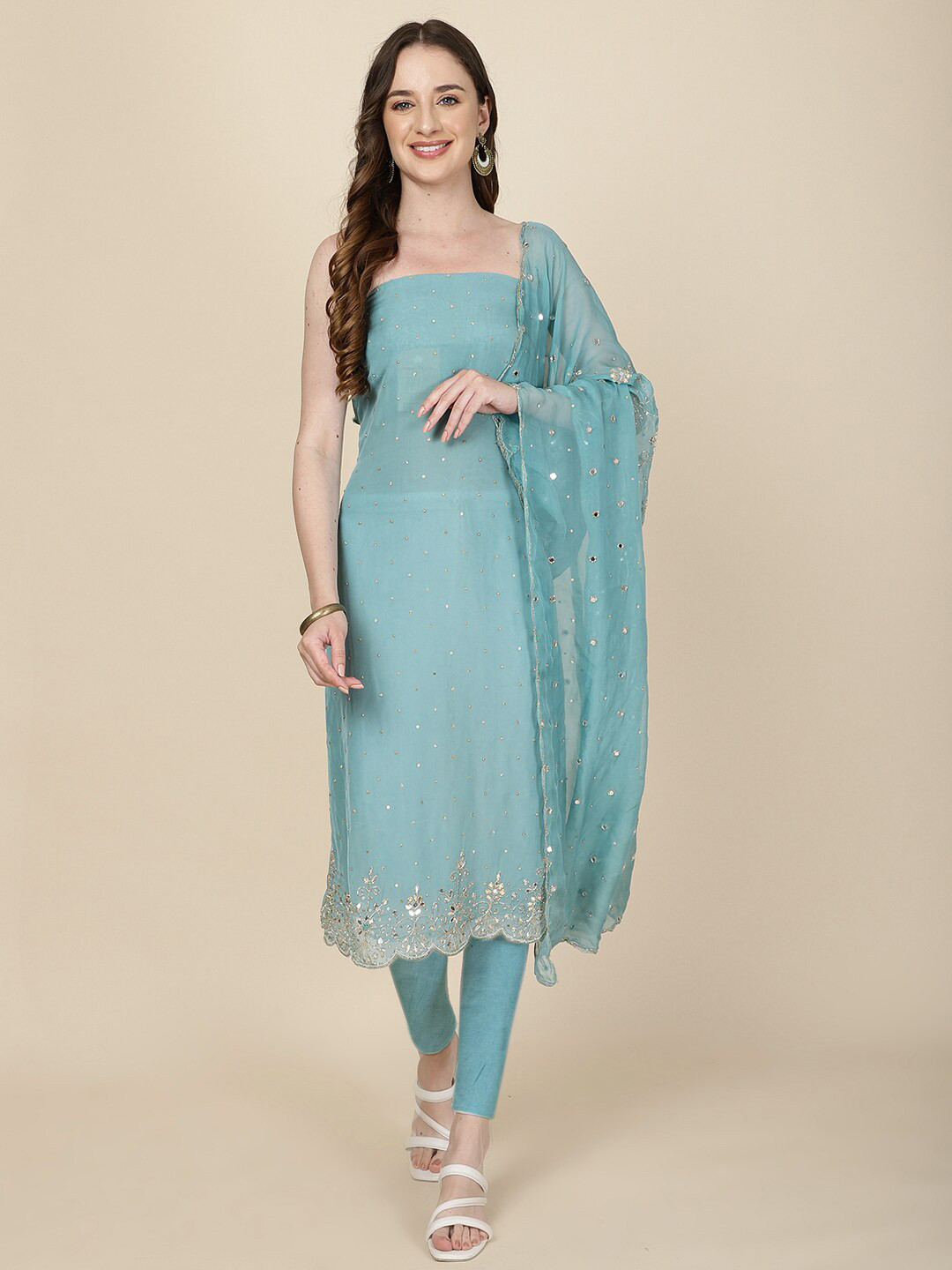

Meena Bazaar Embellished Art Silk Unstitched Dress Material, Blue