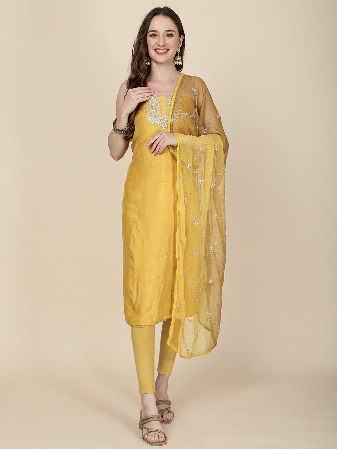 

Meena Bazaar Embellished Art Silk Unstitched Dress Material, Mustard