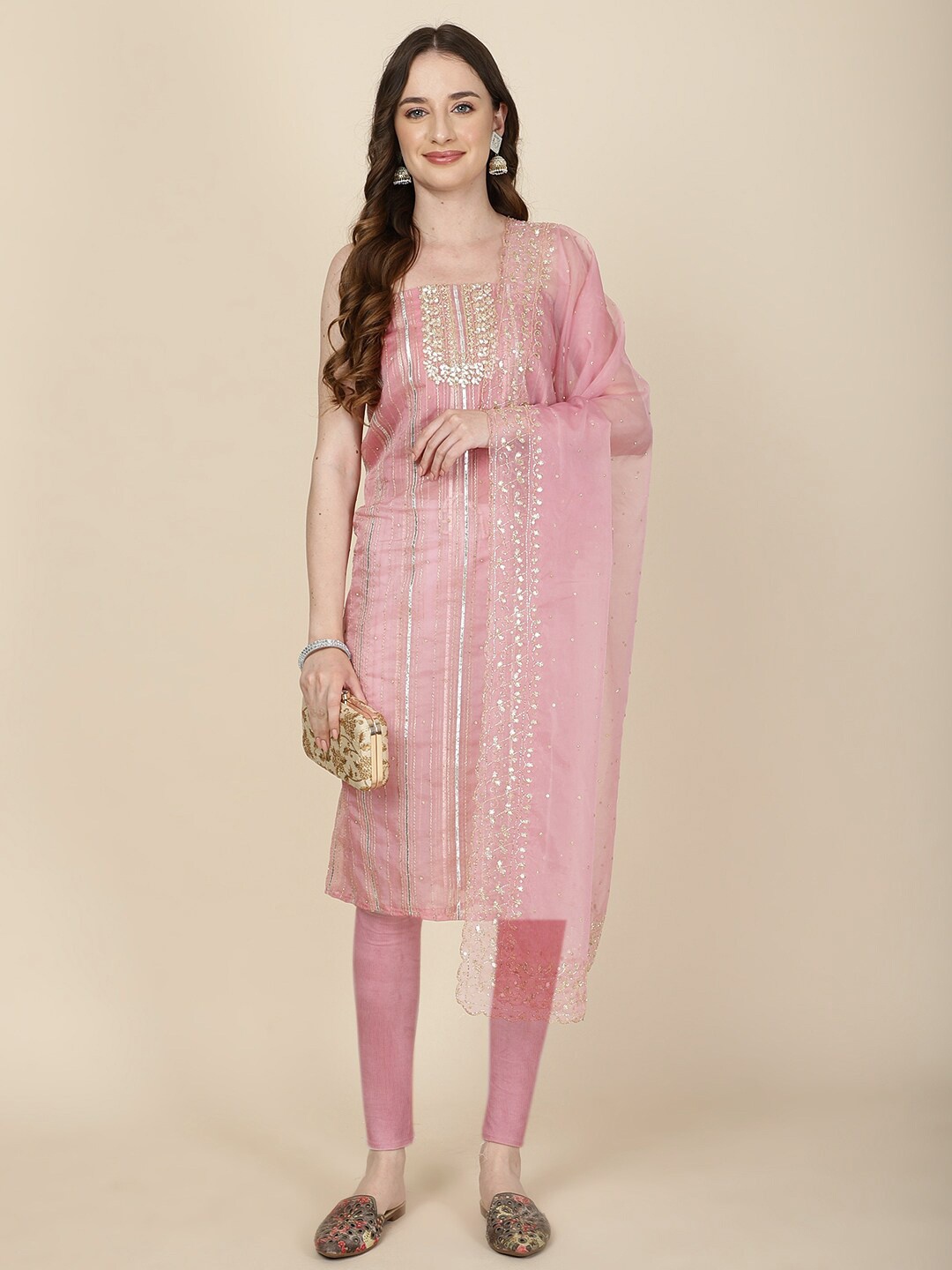

Meena Bazaar Embroidered Organza Unstitched Dress Material, Pink