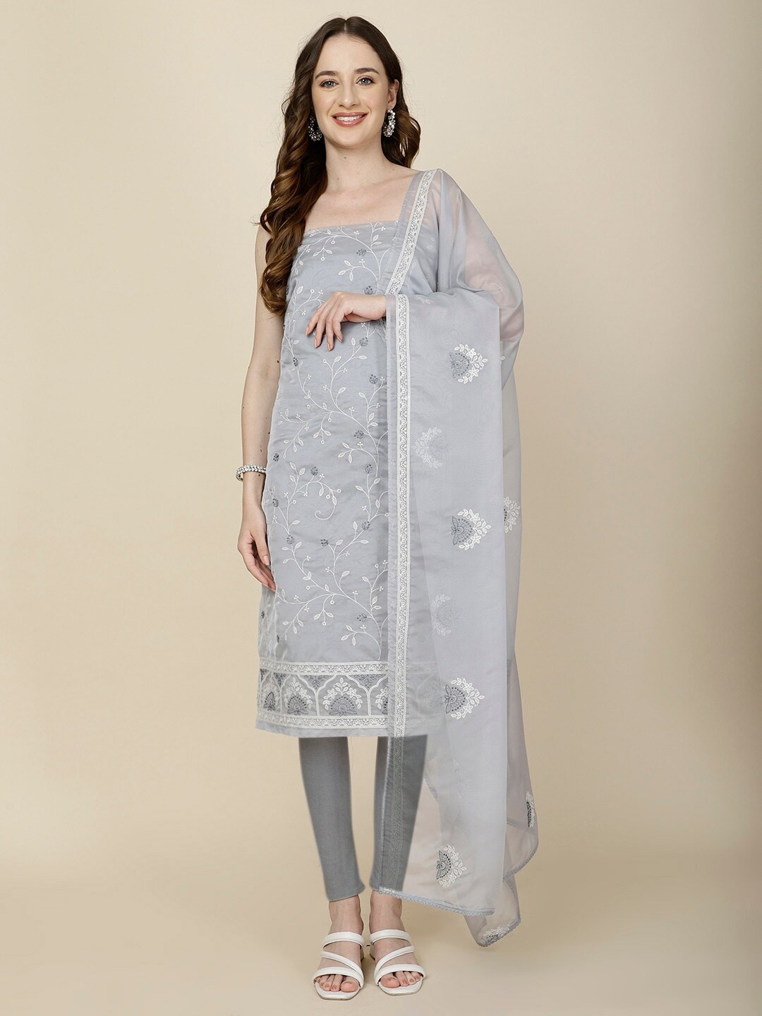 

Meena Bazaar Embroidered Organza Unstitched Dress Material, Grey