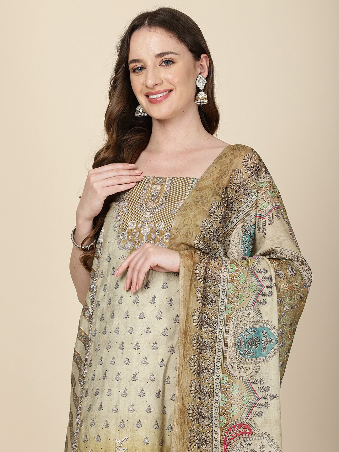 

Meena Bazaar Floral Printed Art Silk Unstitched Dress Material, Green