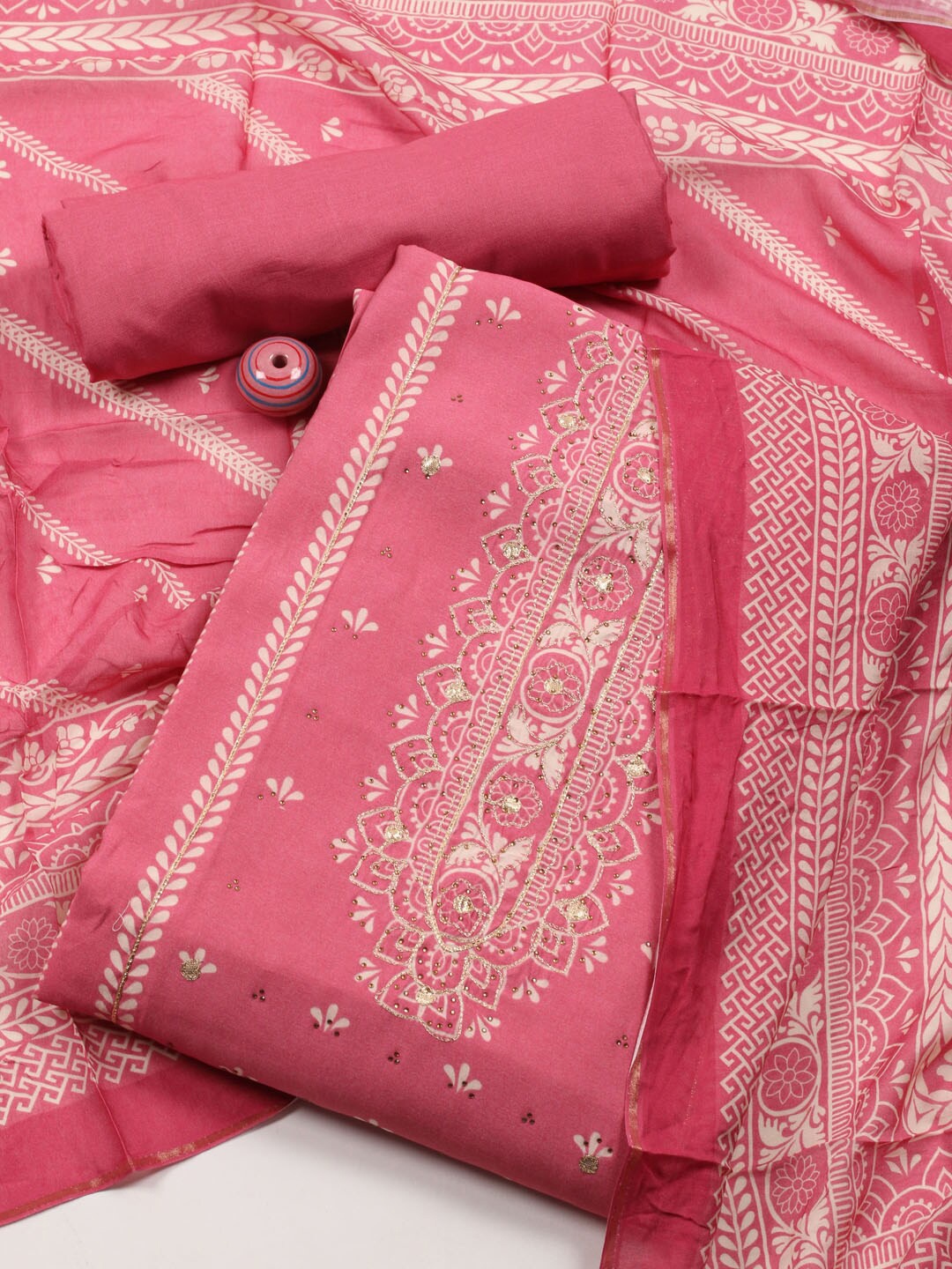 

Meena Bazaar Floral Embellished Beads and Stones Art Silk Unstitched Dress Material, Pink