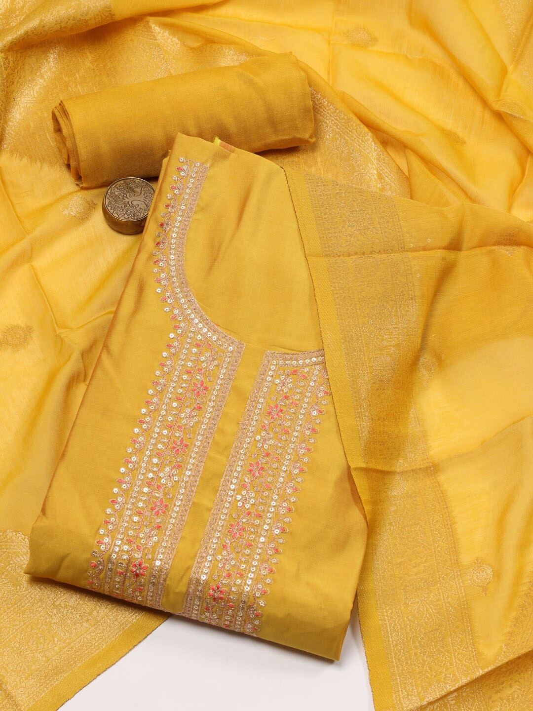 

Meena Bazaar Embroidered Art Silk Unstitched Dress Material, Yellow