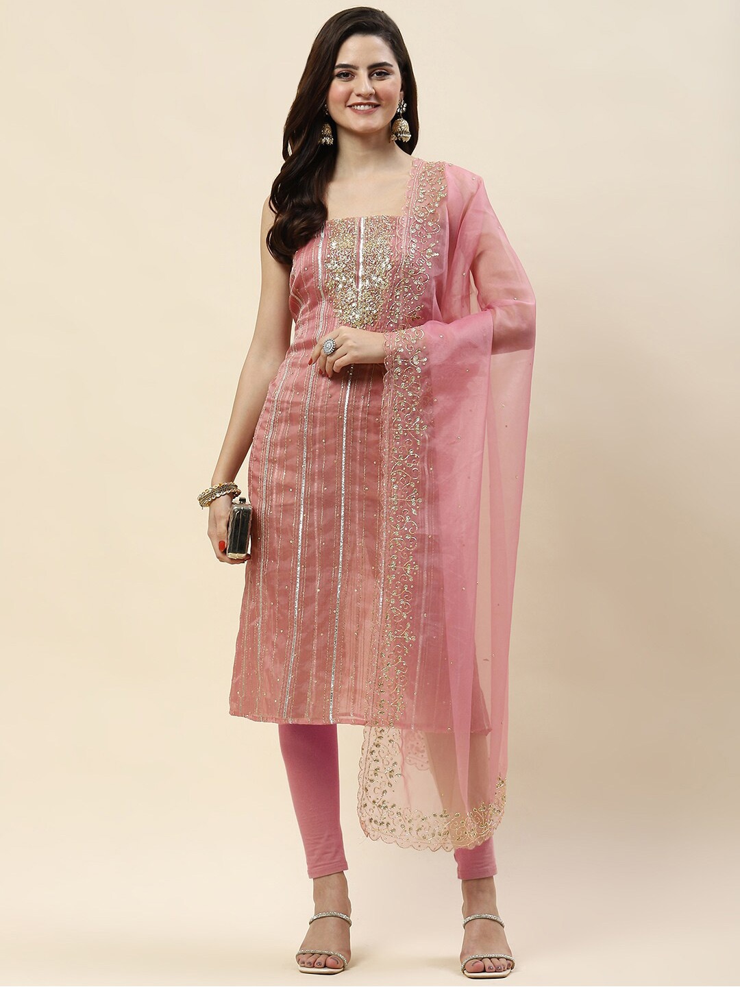 

Meena Bazaar Embellished Organza Unstitched Dress Material, Pink