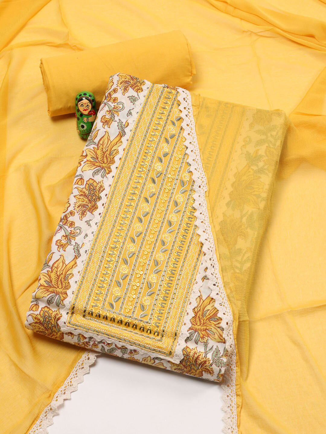 

Meena Bazaar Floral Printed Unstitched Dress Material, Cream