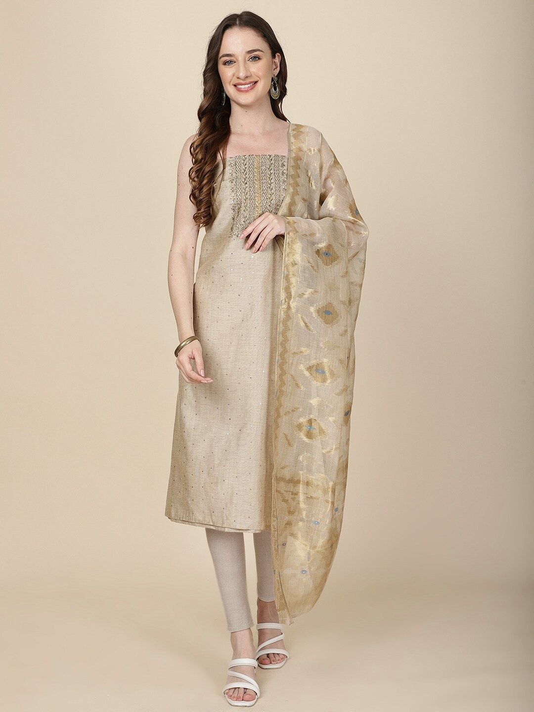 

Meena Bazaar Embellished Art Silk Unstitched Dress Material, Beige