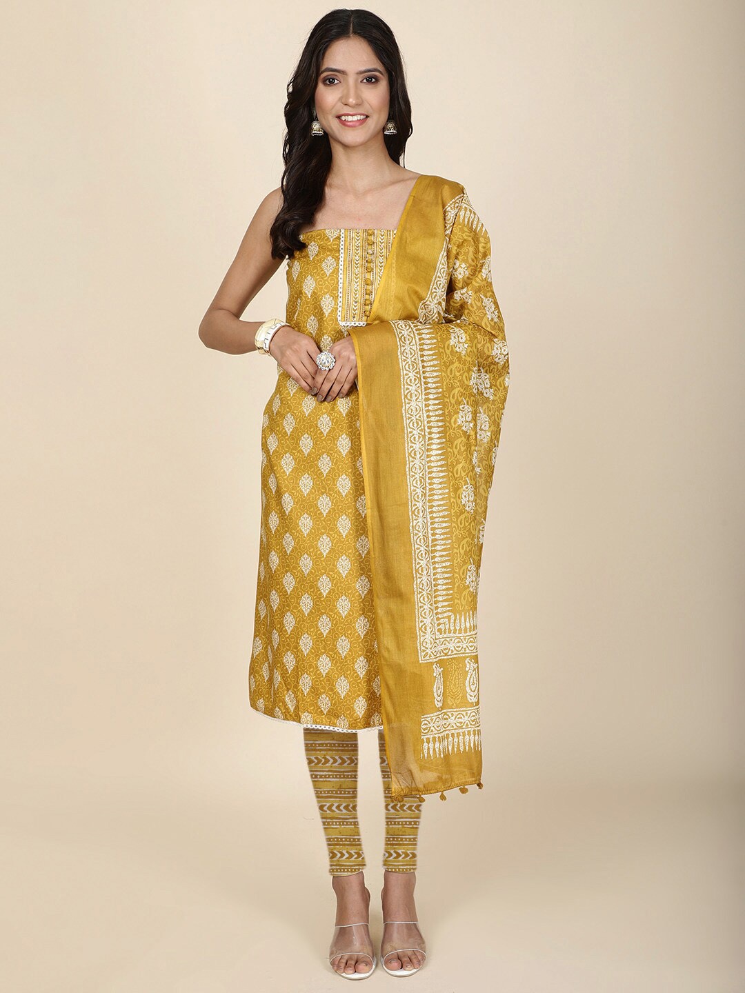 

Meena Bazaar Floral Printed Mirror Work Unstitched Dress Material, Mustard