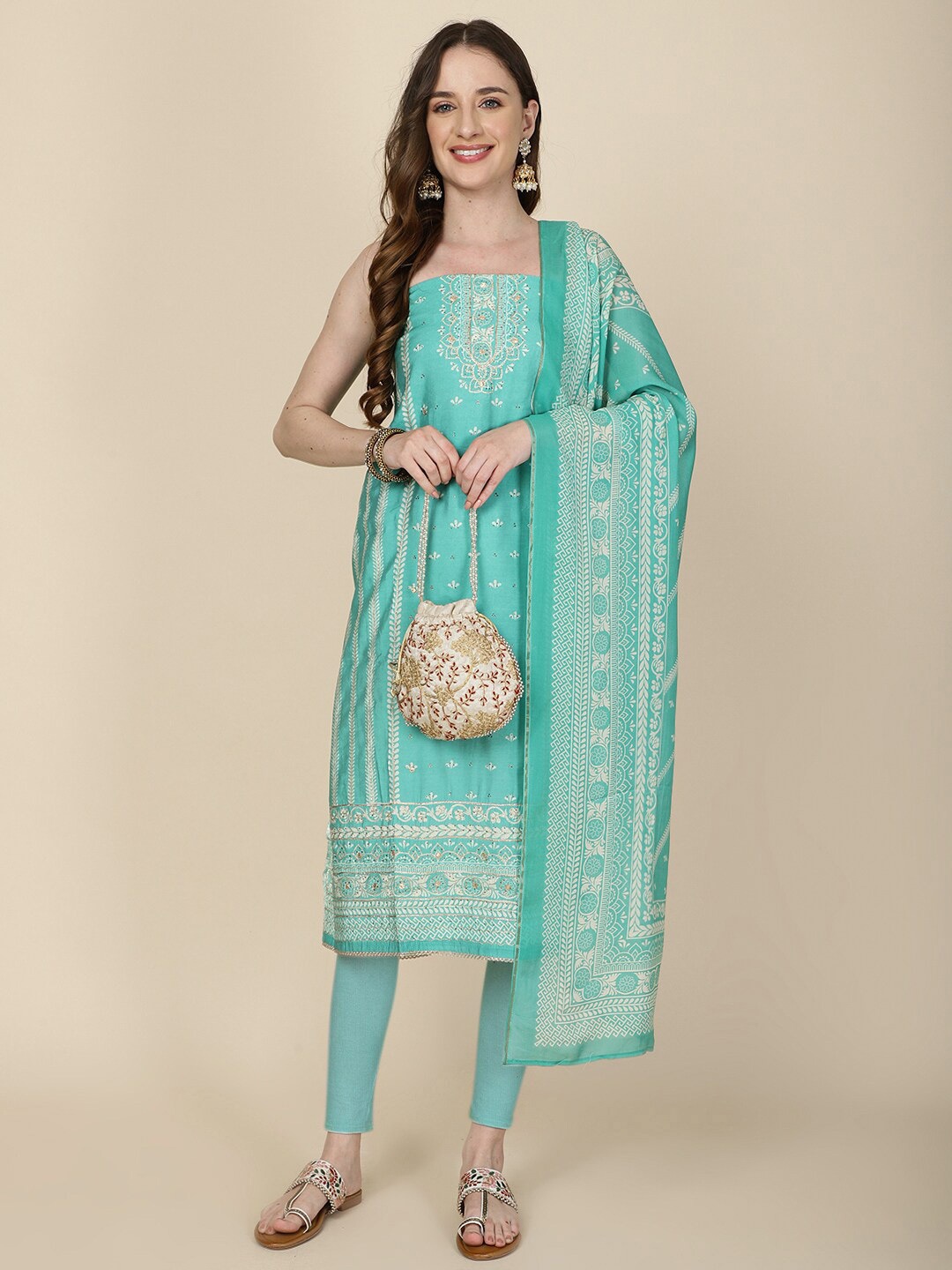 

Meena Bazaar Embellished Unstitched Dress Material, Blue