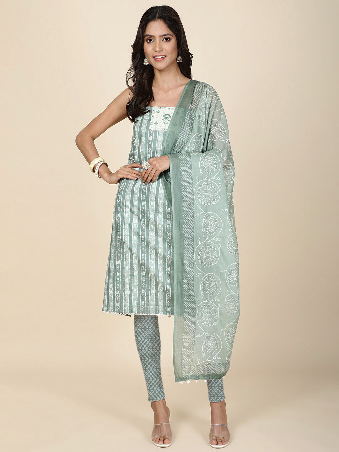 

Meena Bazaar Printed Unstitched Dress Material, Sea green