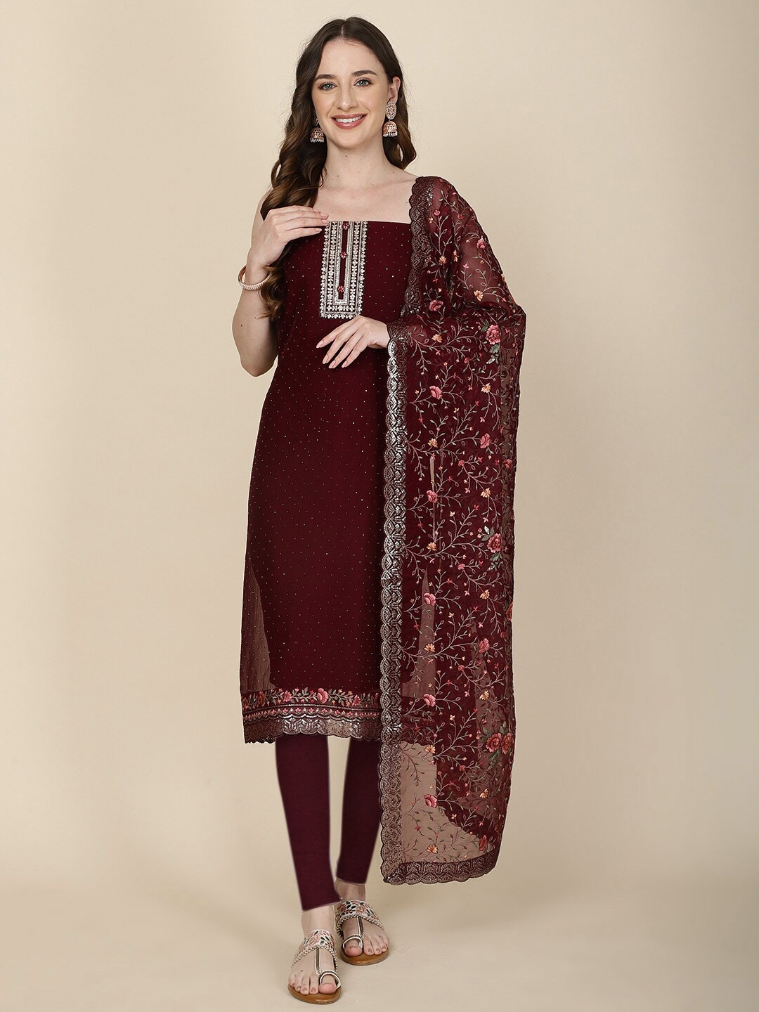 

Meena Bazaar Embellished Organza Unstitched Dress Material, Burgundy