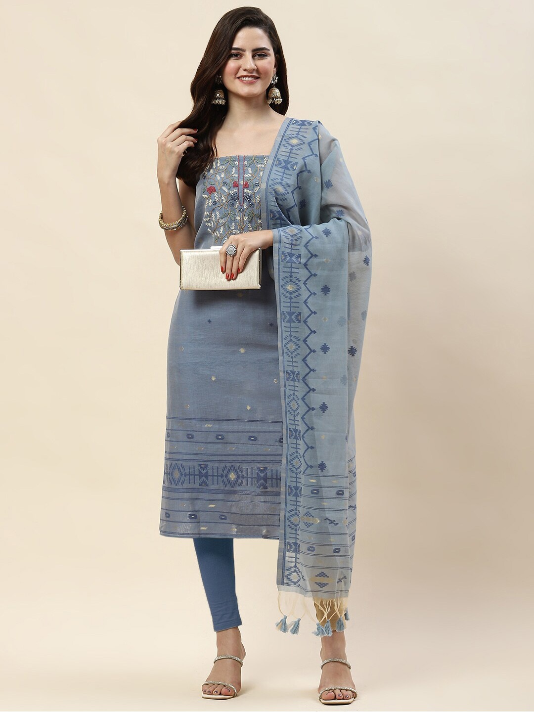 

Meena Bazaar Embroidered Art Silk Unstitched Dress Material, Grey