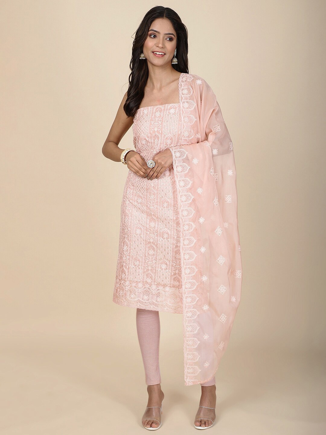 

Meena Bazaar Embroidered Organza Unstitched Dress Material, Peach