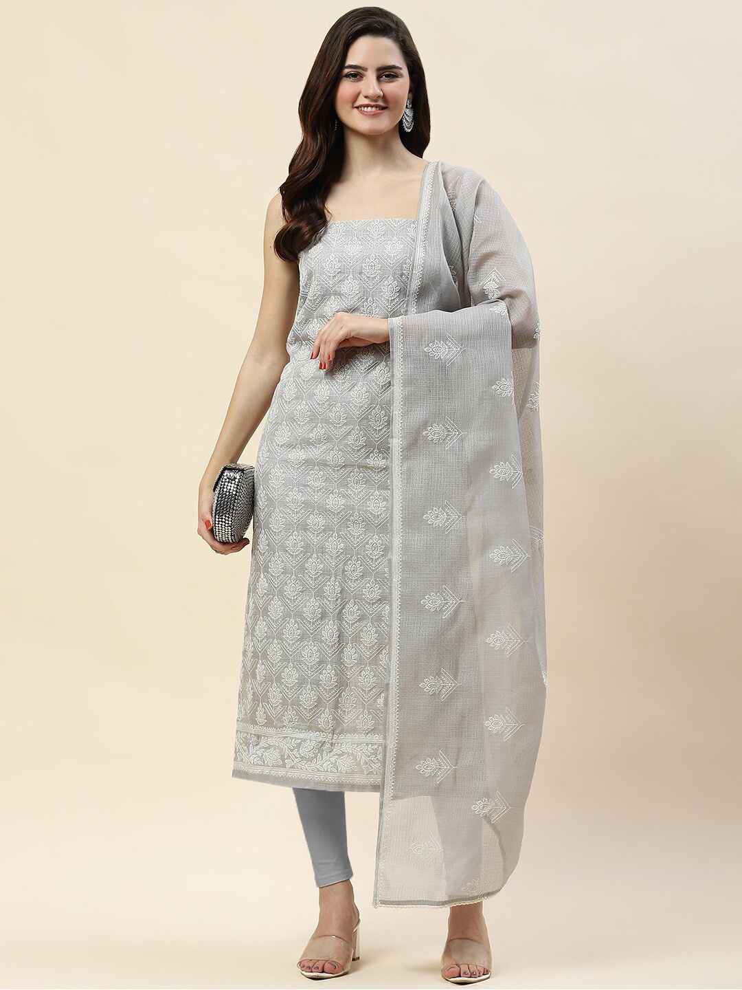 

Meena Bazaar Embroidered Unstitched Dress Material, Grey