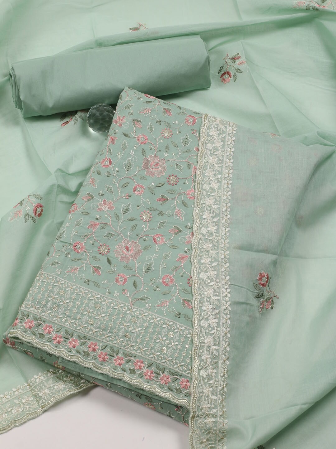 

Meena Bazaar Floral Embroidered Mirror Work Unstitched Dress Material, Sea green