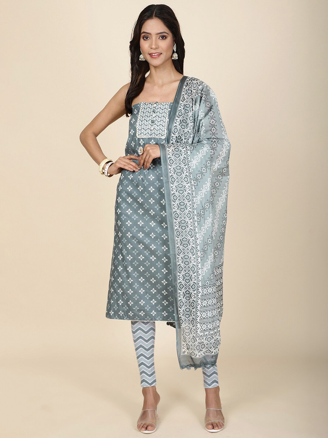 

Meena Bazaar Printed Unstitched Dress Material, Grey